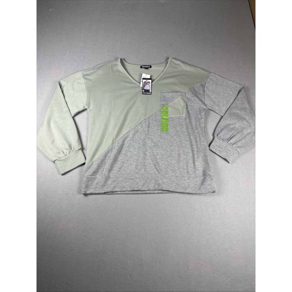 Steve Madden Sweatshirt Women Large‎ Green Colorblock V-Neck Pocket Pullover NWT
